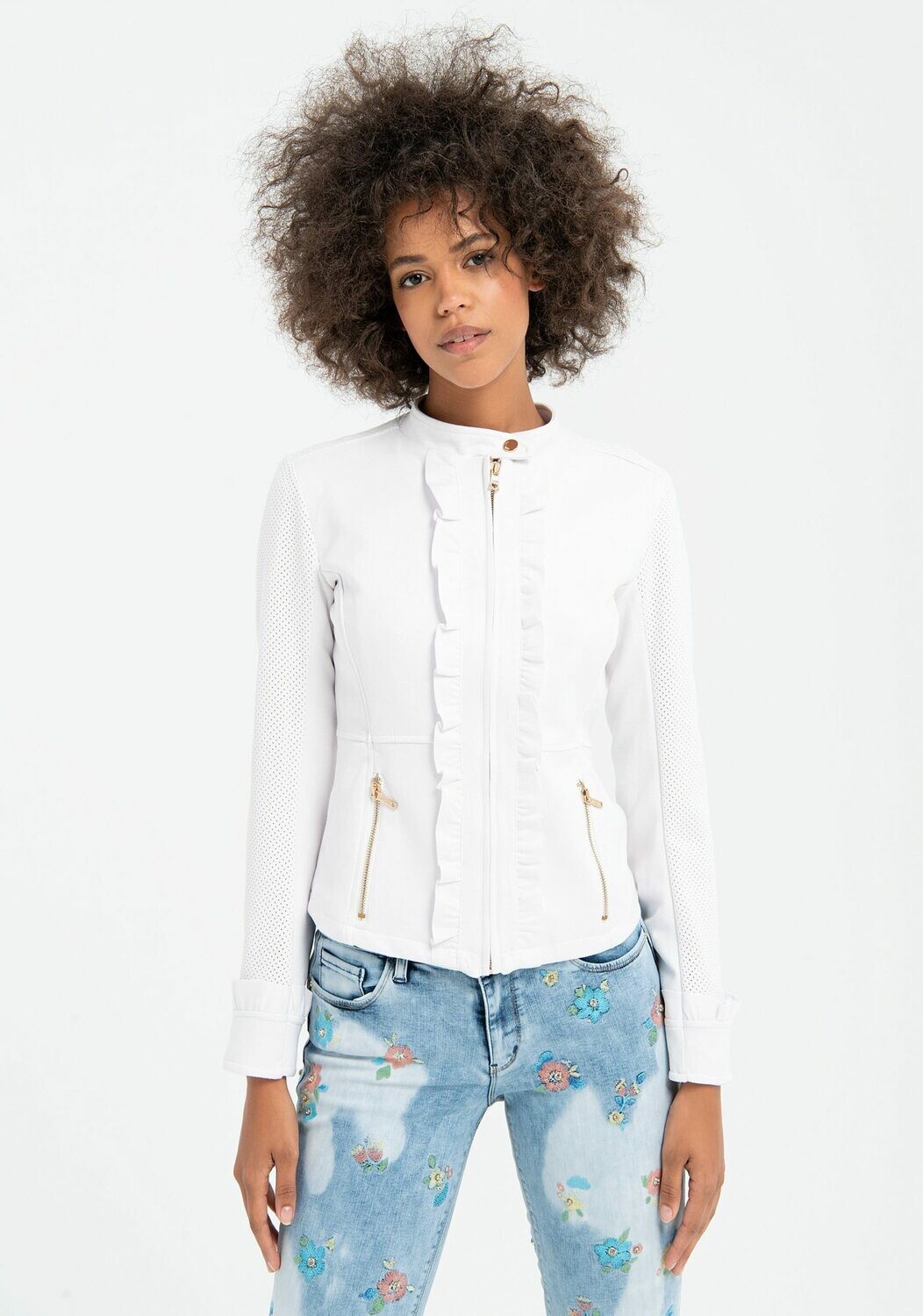 Giubbino in suede con collo coreano e rouches