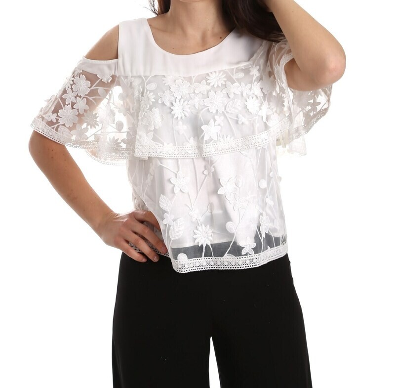 Top con tulle e ricami