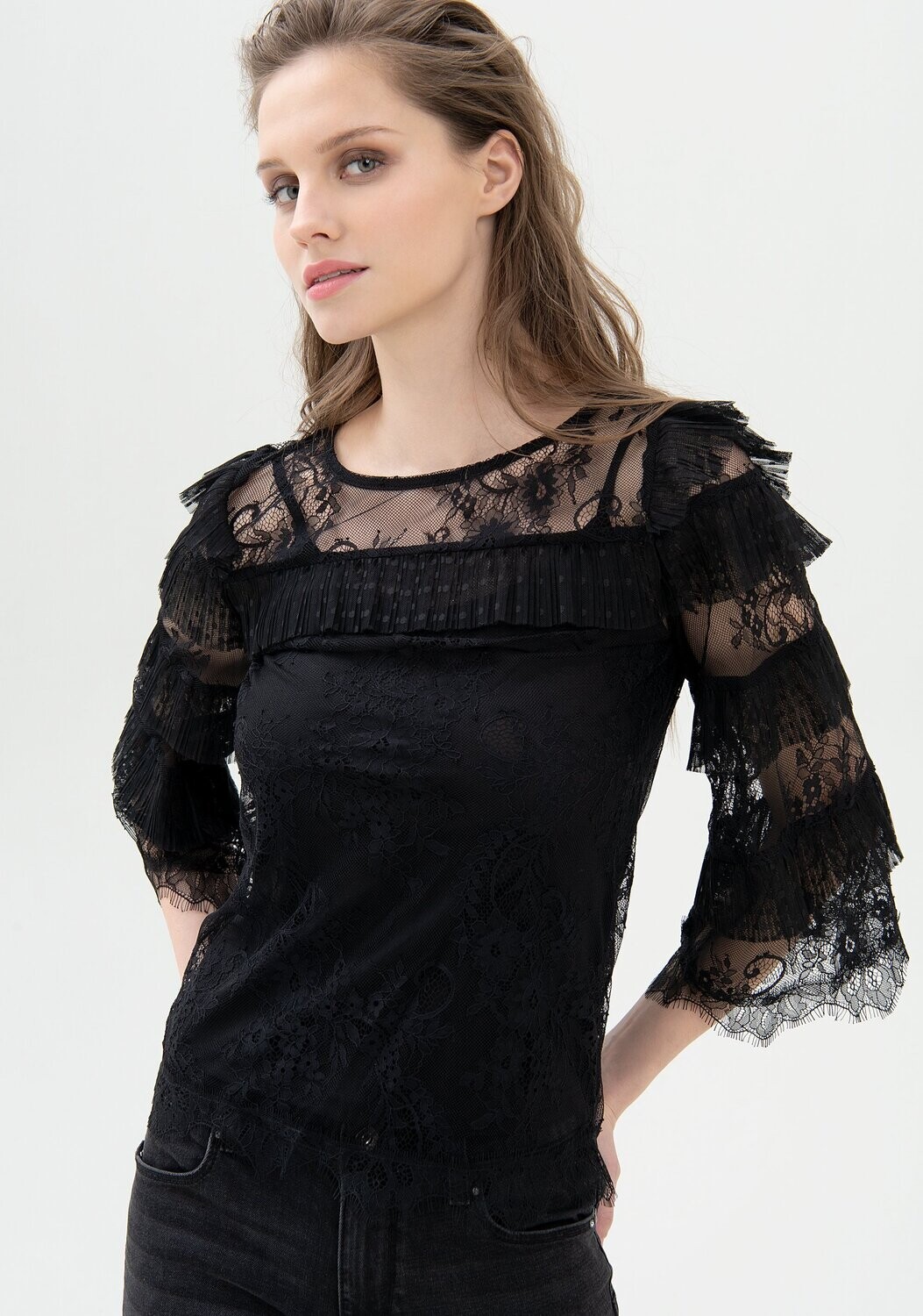 Blusa regular in pizzo lavorato