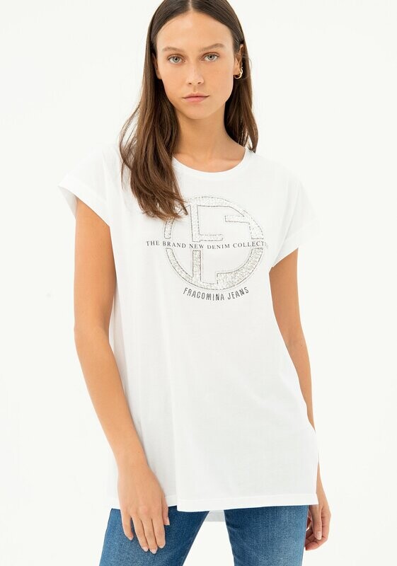 T-shirt over in jersey con applicazioni gioiello