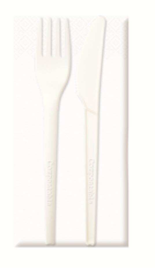 KIT BIS posate in CPLA BIANCO + tovagliolo (100 pz) KIT BIS posate in CPLA BIANCO + tovagliolo (100 pz)