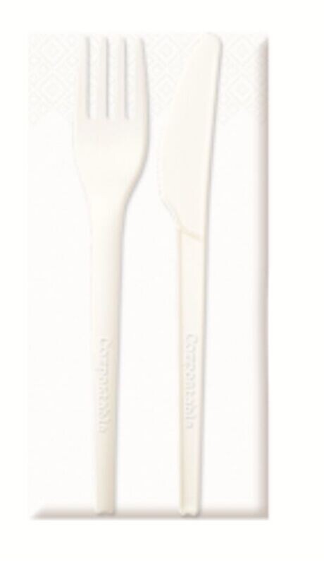 KIT BIS posate in CPLA BIANCO + tovagliolo (100 pz) KIT BIS posate in CPLA BIANCO + tovagliolo (100 pz)