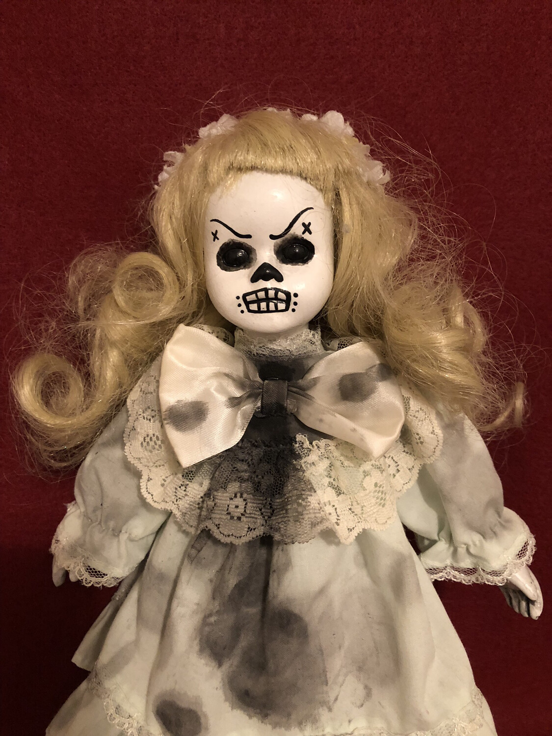 creepy doll smaller day of the dead girl spooky ooak gothic horror  halloween art by christie creepydolls
