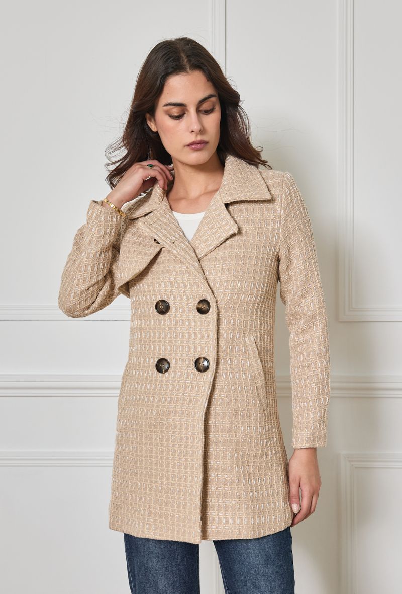 Veste tweed mi longue beige