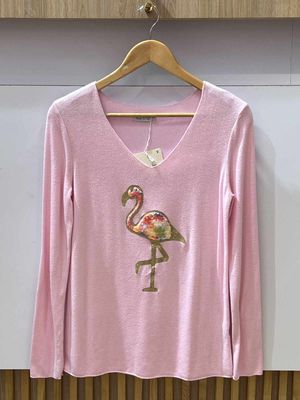 T-shirt à Col V manches longues, Imprimer flamand rose