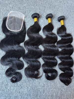 Diamond Hair Body wave 3 Bundles With 4x4 Transparent Closure Deals