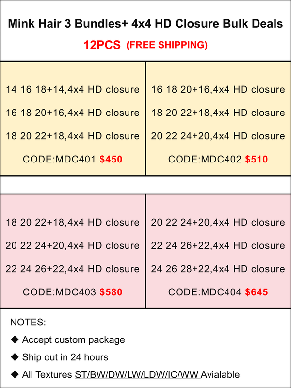 Mink Hair 3 Bundles + 4x4 HD Closure Bulk Deals