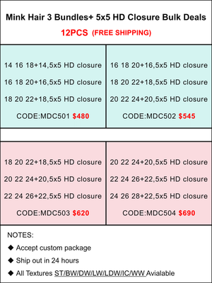 Mink Hair 3 Bundles + 5x5 HD Closure Bulk Deals