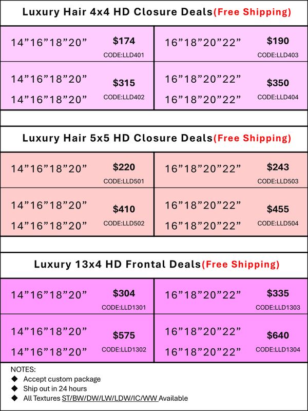 HD Closure &amp; Frontal Deals: Luxury Hair 4x4/5x5/13x4