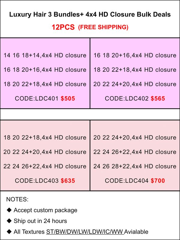 Luxury Hair 3 Bundles + 4x4 HD Closure Bulk Deals
