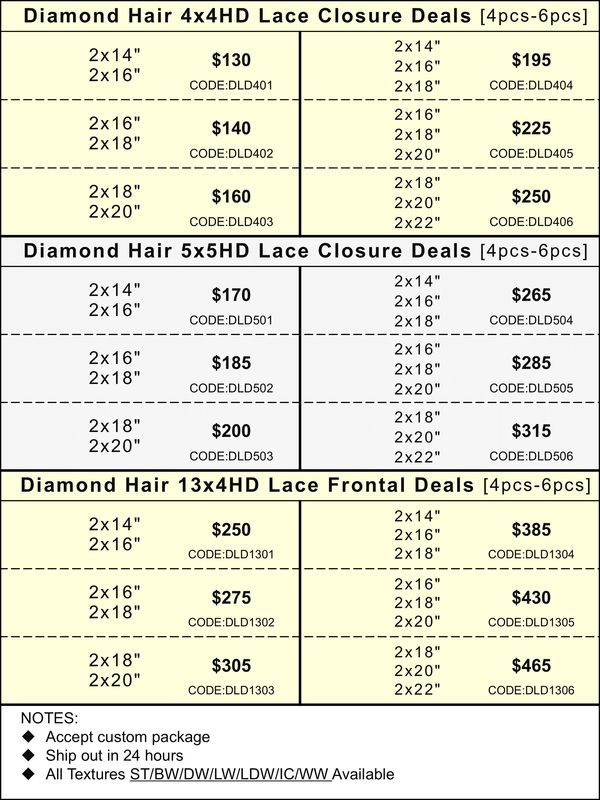 HD Colsure &amp; Frontal Deals: Diamond Hair 4x4/5x5/13x4