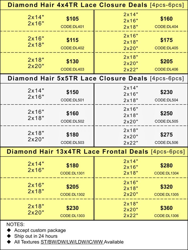 Transparent Colsure &amp; Frontal Deals: Diamond Hair 4x4/5x5/13x4