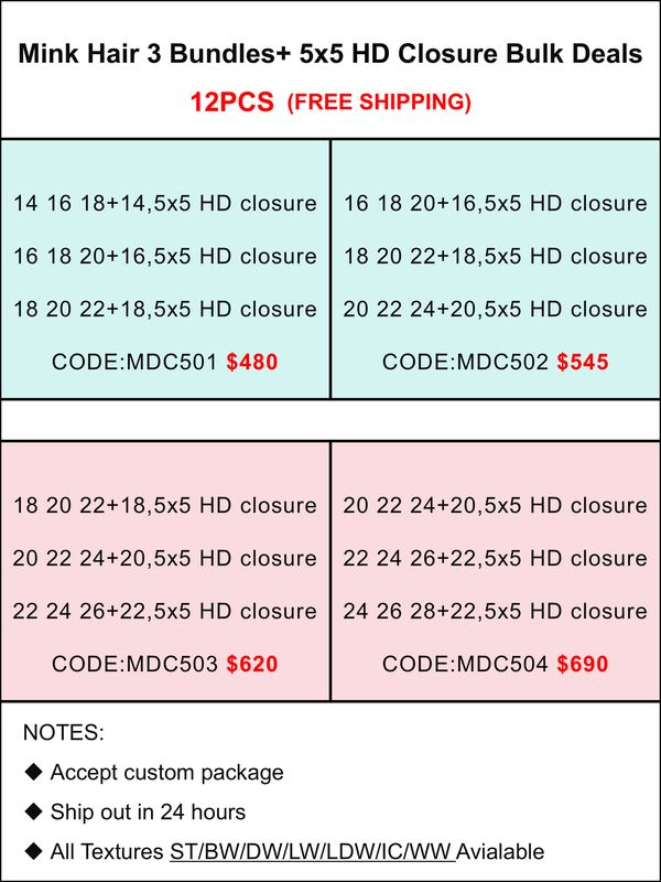 Mink Hair 3 Bundles + 5x5 HD Closure Bulk Deals