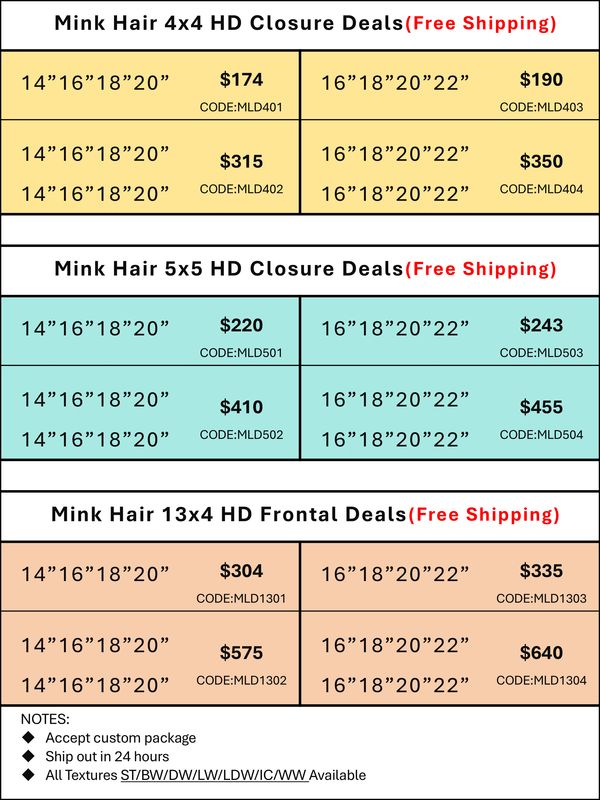 HD Closure &amp; Frontal Deals: Mink Hair 4x4/5x5/13x4