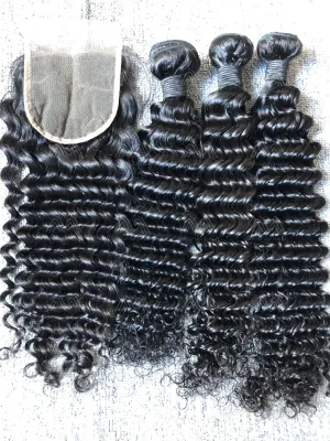 Mink Hair Deep Wave 3 Bundles With 4X4 Transparent Closure Deals