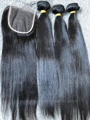 Raw Hair Straight 3 Bundles With 4X4 HD Closure Deals