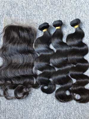 Raw Hair Straight/Body Wave 3 Bundles With 4x4 Transparent Closure Deals