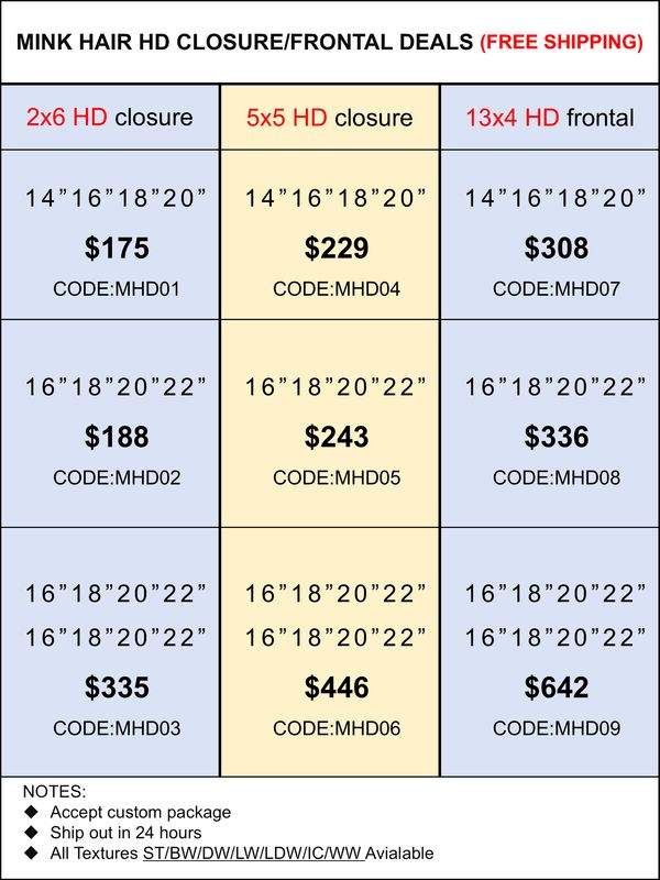HD Closure &amp; Frontal Deals: Mink Hair 2x6/5x5/13x4