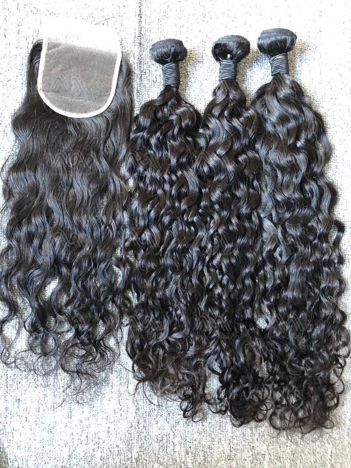Mink Hair Water Wave 3 Bundles With 4X4 Transparent Closure Deals
