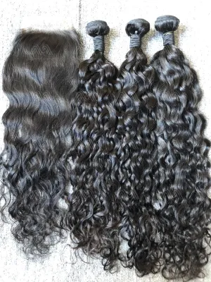 Mink Hair Water Wave 3 Bundles With 4X4 Transparent Closure Deals