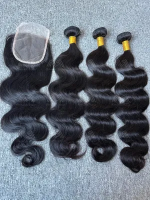 Diamond Hair Body wave 3 Bundles With 4X4 Transparent Closure Deals