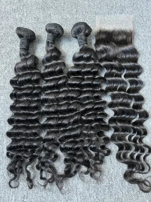 Mink Hair Loose Deep 3 Bundles With 4X4 Transparent Closure Deals