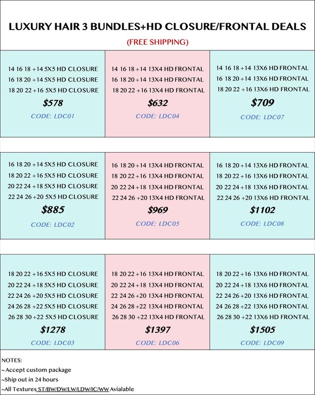 Luxury Hair 3 Bundles+HD Closure/Frontal Deals