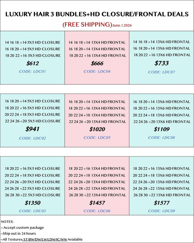 Luxury Hair 3 Bundles+HD Closure/Frontal Deals