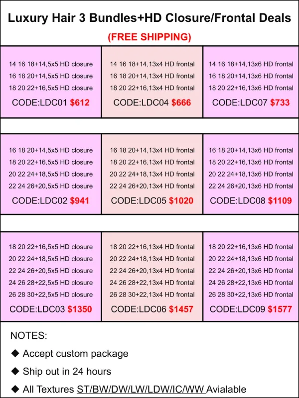 Luxury Hair 3 Bundles+HD Closure/Frontal Deals