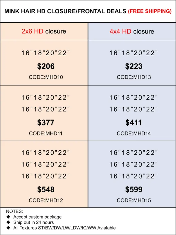 HD Closure &amp; Frontal Deals: Mink Hair 2X6/4X4