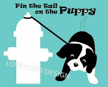 Pin the tail on the Black Puppy -Dog Game for Birthday Party PRINTABLE