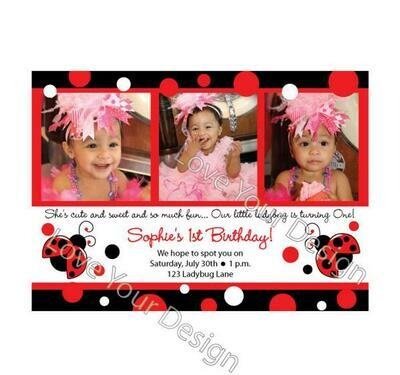 Little Lady Ladybug Birthday Invitation with 3 photos - YOU PRINT jpeg file