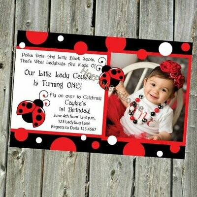 Little Lady Ladybug Birthday Invitation with 1 photo - YOU PRINT jpeg file