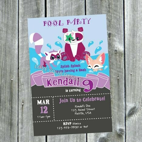 Animal Jam Fox, Panda, Lemur Pool Party Birthday Invitation - YOU PRINT jpeg file