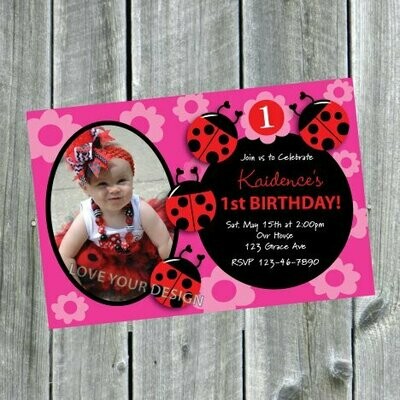 Ladybug Fun Birthday Party Invitation with 1 photo - YOU PRINT jpeg file