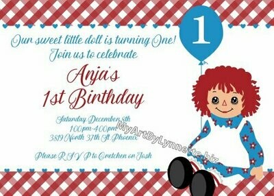 Raggedy Ann Birthday Party Invitation - YOU PRINT jpeg file