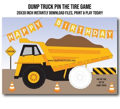 GAME Pin the Tire on the Dump Truck birthday game - DIGITAL construction game for boys, FREE coloring page included