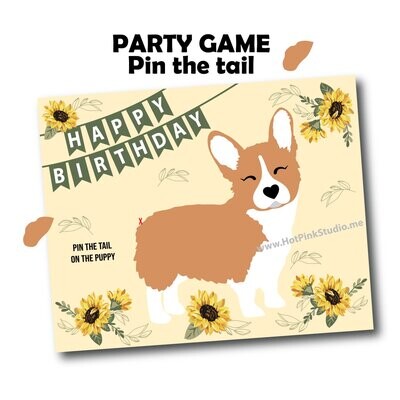 Yellow Sunflower Corgi GAME Pin the Tail on the Puppy Game, Pin the Tail on the Dog