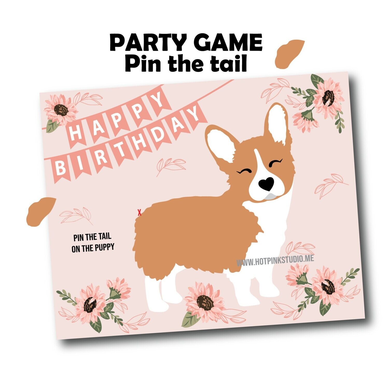 Pink Sunflower Corgi GAME Pin the Tail on the Puppy Game, Pin the Tail on  the Dog