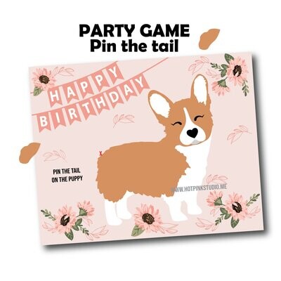 Pink Sunflower Corgi GAME Pin the Tail on the Puppy Game, Pin the Tail on the Dog