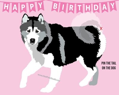 Pin the tail on the Dog Alaskan Malamute Husky Game Pink Birthday Party Game for Girls