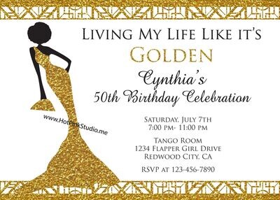 Gold Glitter Living My Life Like It's Golden Birthday Invitation Afro Queen 50th Birthday Any Age Birthday YOU PRINT