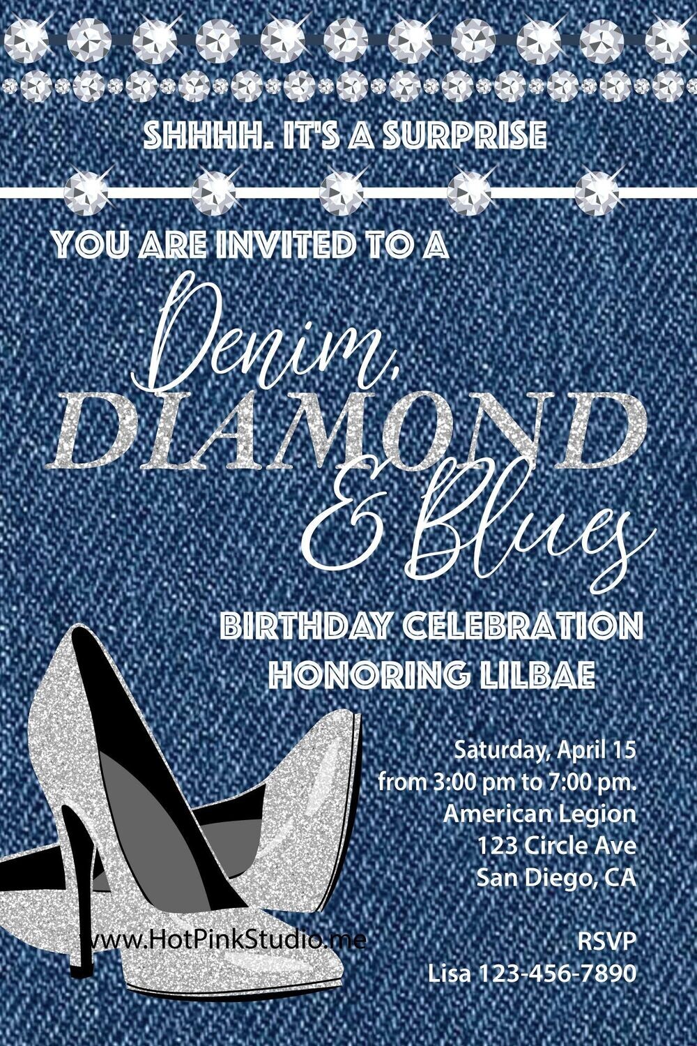Denim Diamond and Blues Birthday Invitation - YOU PRINT jpeg file