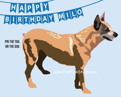 Pin the tail on the red Australian cattle dog Game Birthday Party Game for Girls and Boys