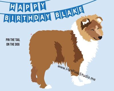 Pin the tail on the Collie Puppy Dog Game Pink Birthday Party Game for Girls and Boys