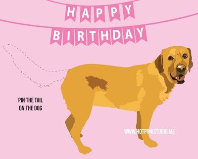 Pink Pin the tail on the Golden Retriever dog Game Birthday Party Game for Girls and Boys