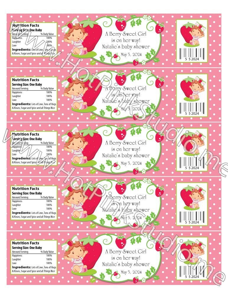 Strawberry Shortcake water bottle labels for baby shower or birthday