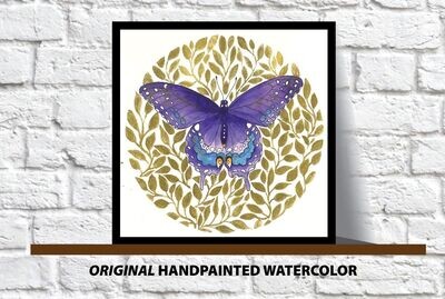 Original Purple Butterfly Shimmering Gold Butterfly Watercolor Painting Handmade Botanical Painting, Home Decor Wall Art