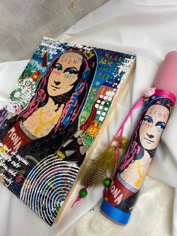Osterkerze MonaLisa mit Holzleinwand handgemacht 