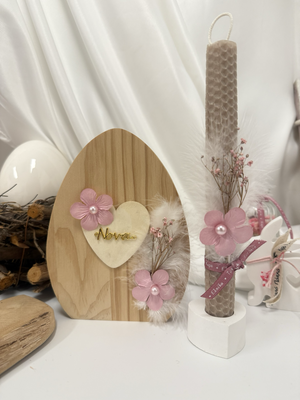 Osterei Holz im SET mit Bienenwachskerze inkl Herz Kerzenhalter aus Raysin gegossen